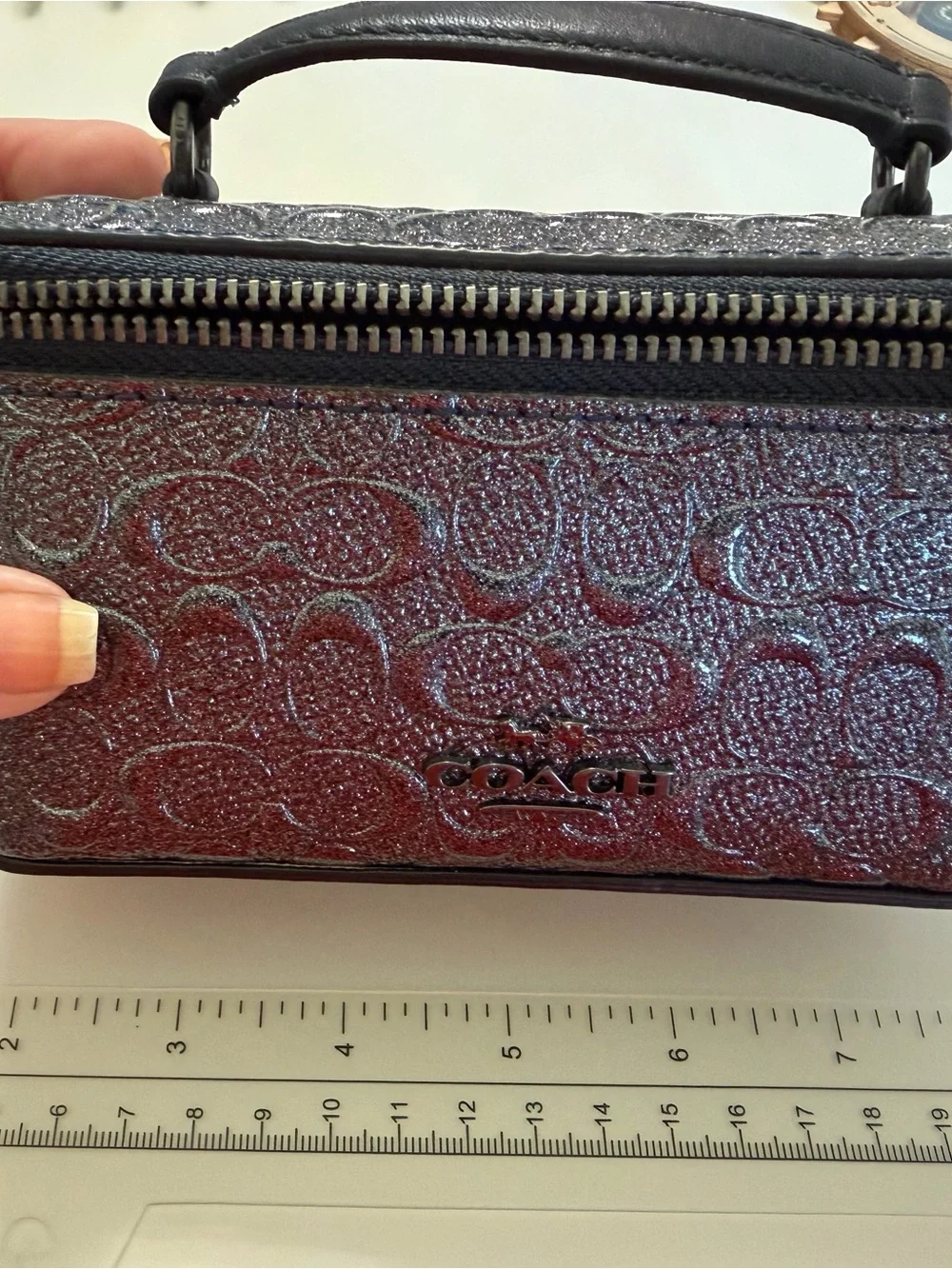 Coach Metallic Pewter/Blue Signature Mini Top-Handle Jewelry Case
